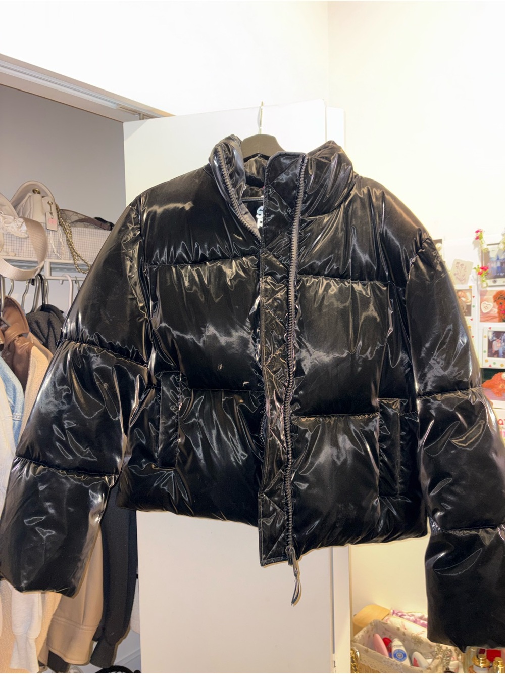 Garage Black Shiny Quilted Cropped Puffer Jacket